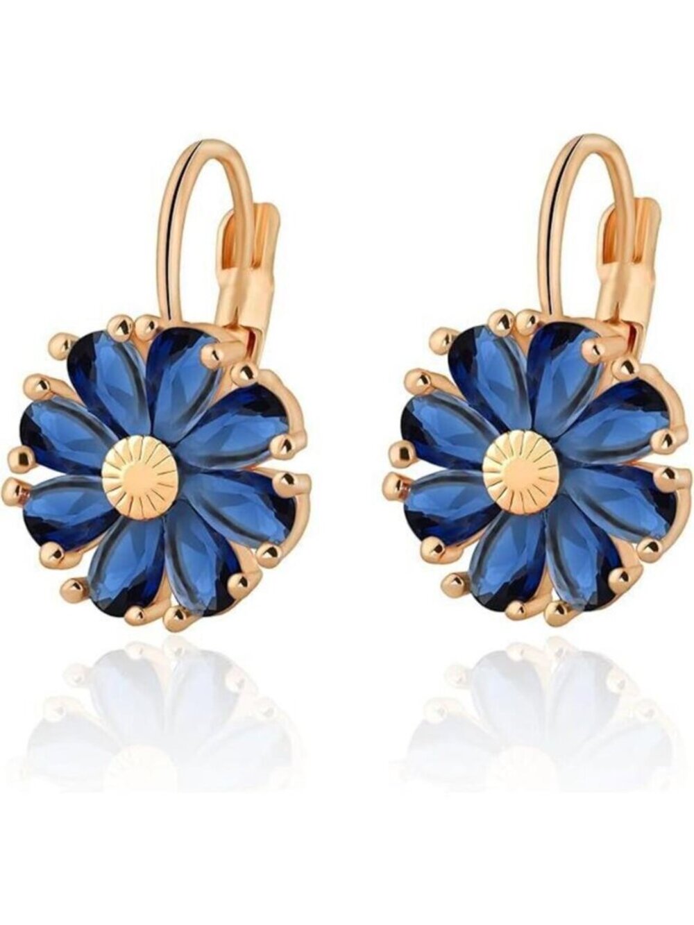 Gold Plated Flower September Birthstone Leverback Earrings Hypoallergenic Blue